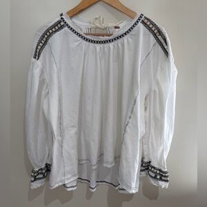 Free People White Blouse with Black Embroidery Size small oversized